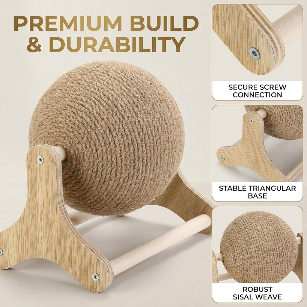 Zylotixcosh Interactive Sisal Rope Cat Scratcher Ball with Stable Base - Durable Kitten Scratching & Exercise Toy for Small Indoor Cats