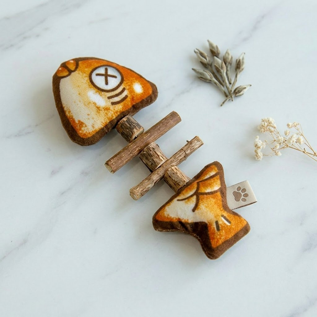 Zylotixcosh Cat Toy Silvervine Wood Fish Bone Simulation Roasted Fish Chew Toy for Teeth Cleaning and Boredom Relief