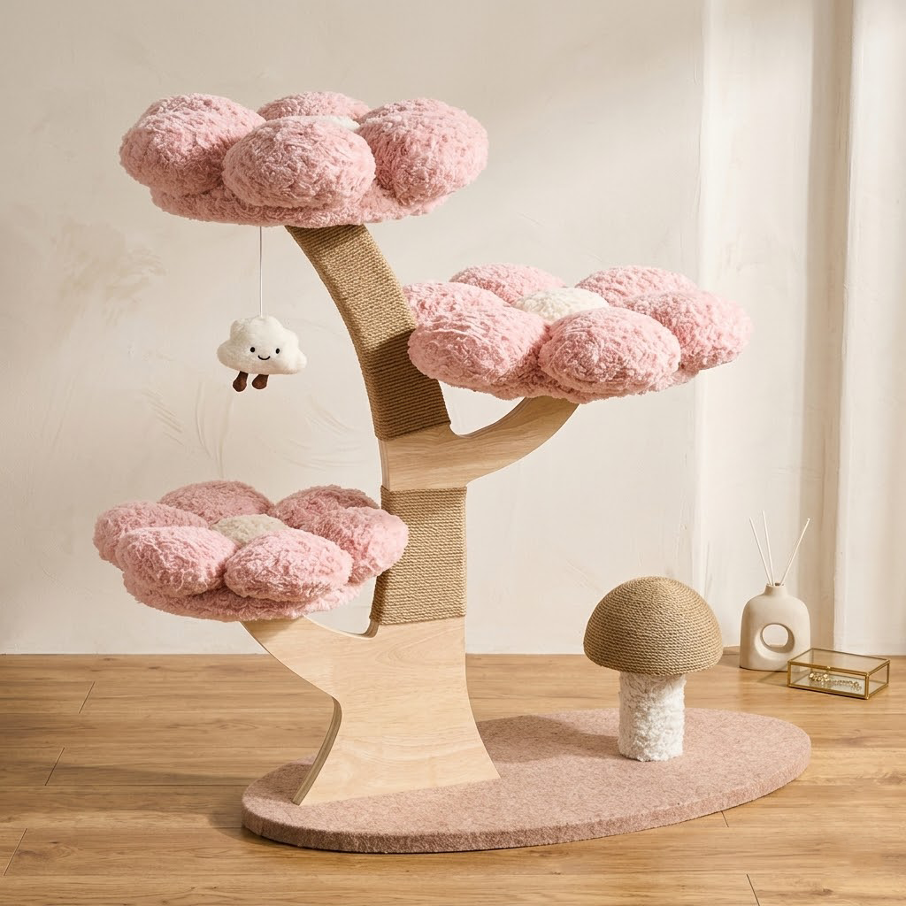 Zylotixcosh Modern Mushroom Cat Tree with Integrated Condo – Space-Saving Small Cat Tower with Natural Sisal Scratching Post & Plush Warm Bed for Winter